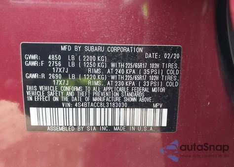 2020 Subaru Outback Premium z USA, uszkodzony, nr VIN 4S4BTACC8L3183030